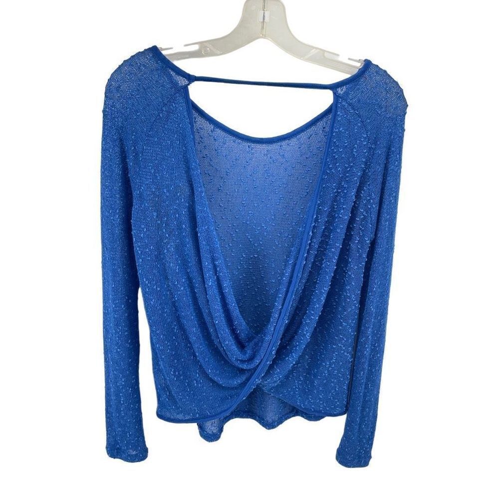 Paper Crane Womens Long Sleeeve Blouse Top Sheer Open Back Stretch Blue Small